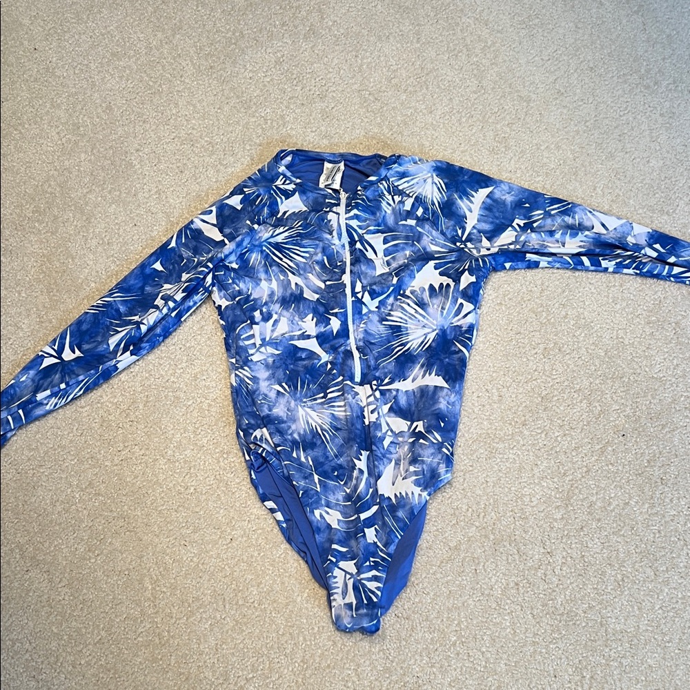 Trina Turk Blue and White Floral Swim Bodysuit